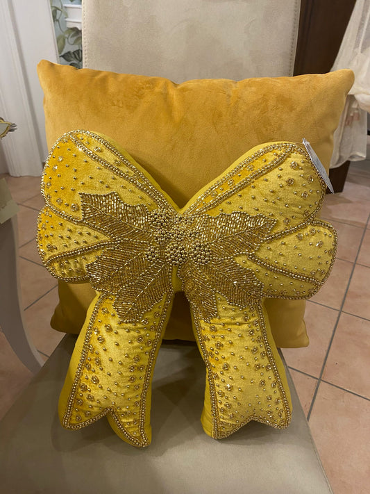 Cuscino fiocco velluto oro con perline